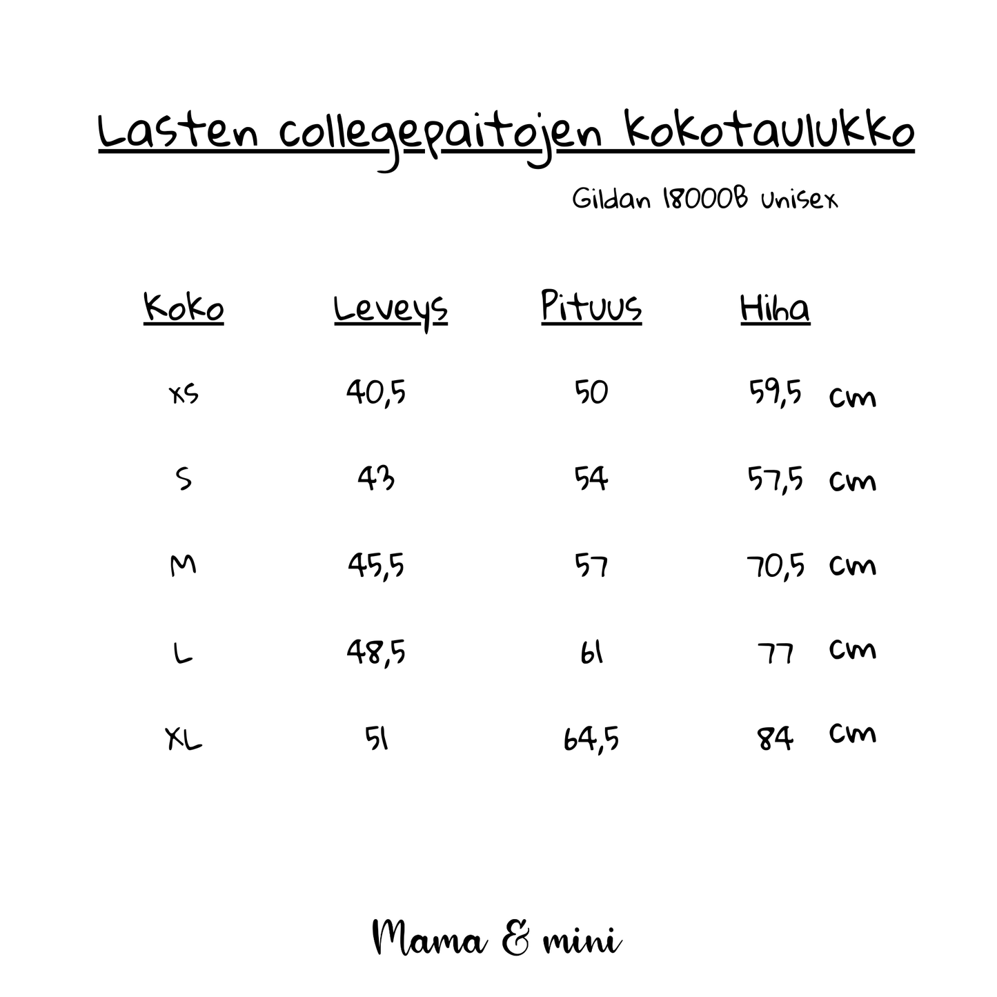 lasten collegepaitojen kokotaulukko